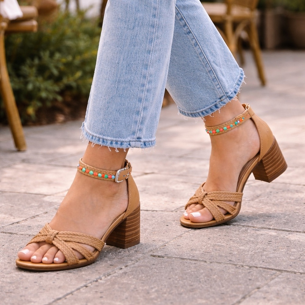 LUCKY BRAND $109 Tan 6.5 7.5 NEW Jathan Braided Leather Bead Detail Sandals‎